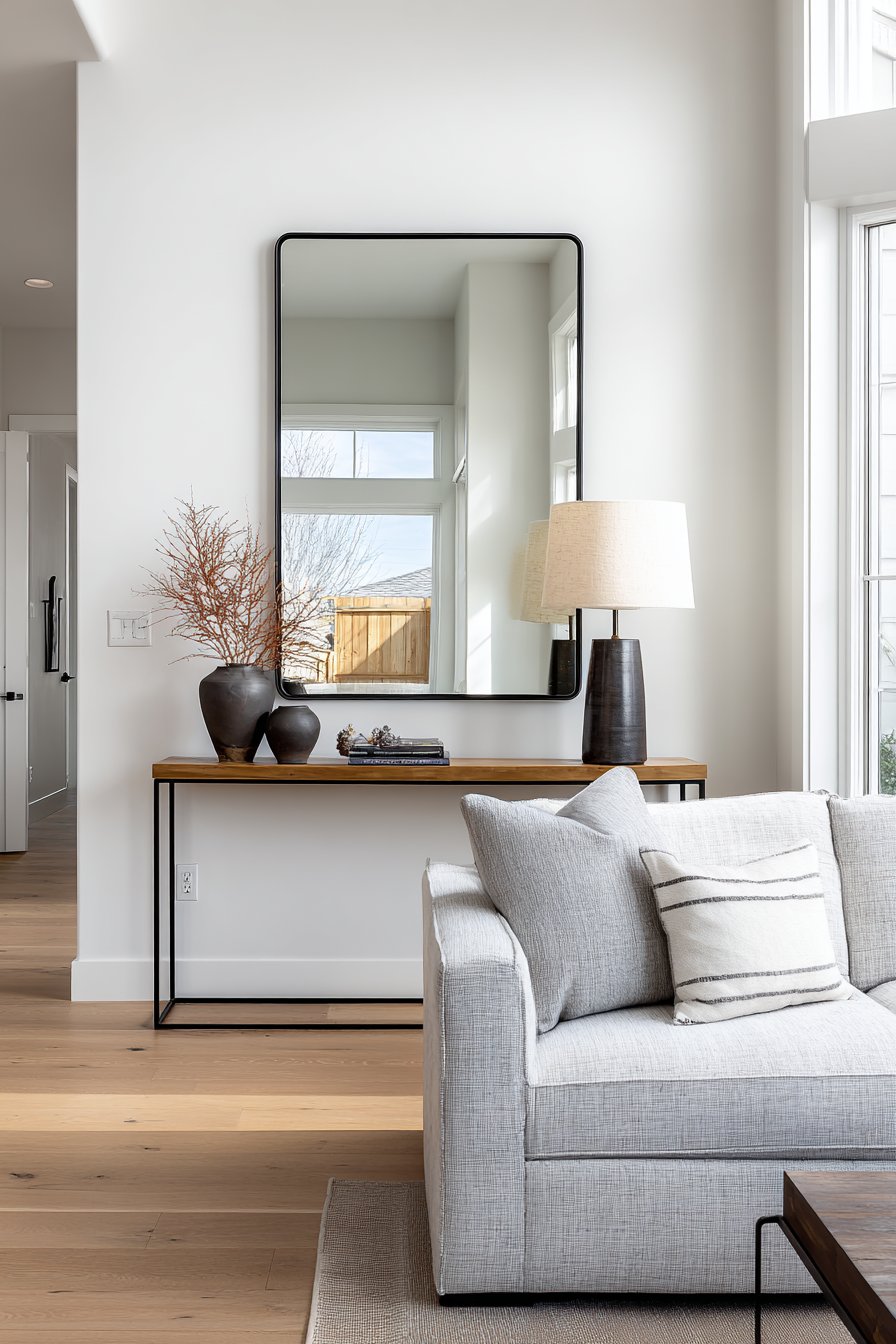 Large rectangular black metal mirror above grey sofa