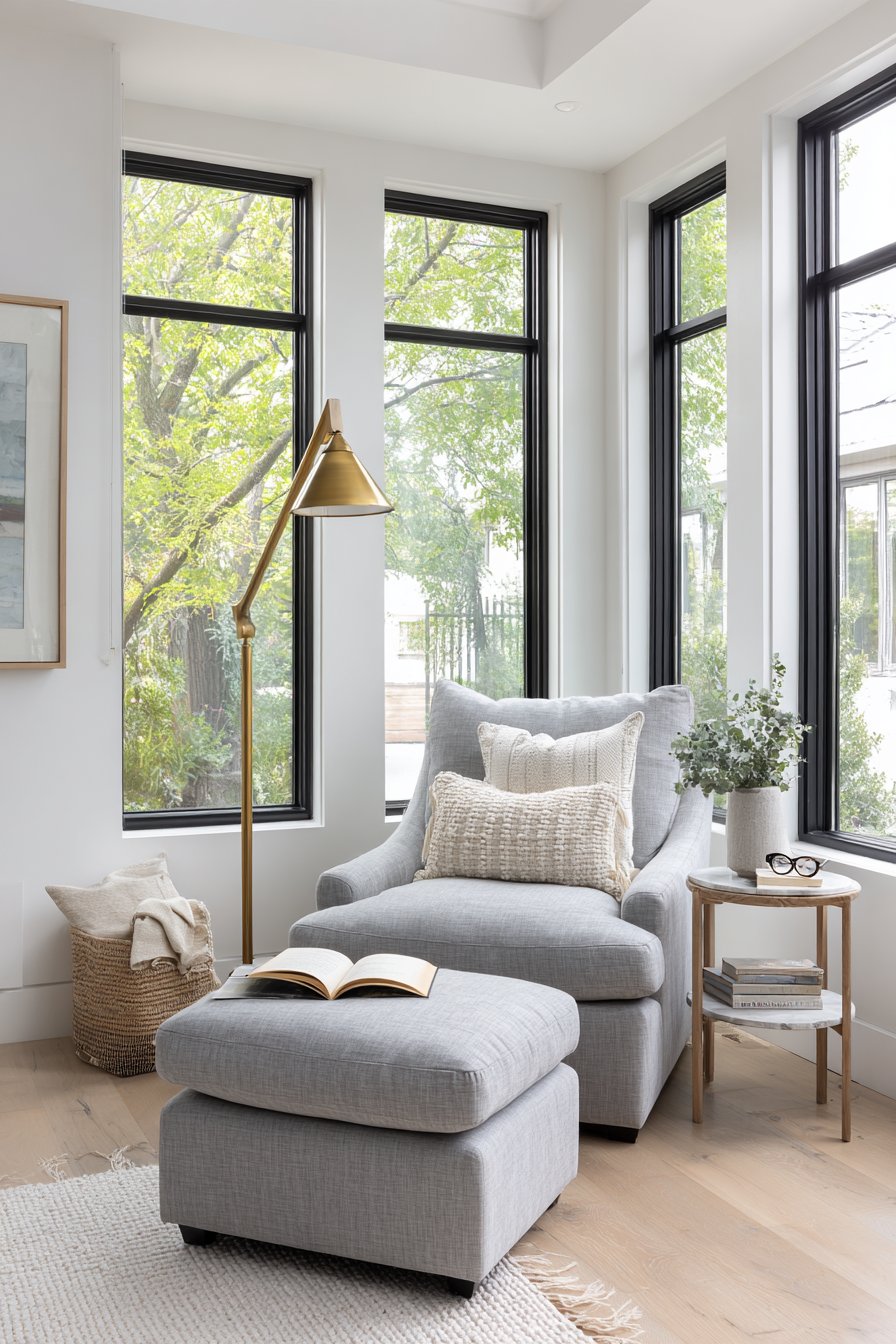 Grey armchair reading nook in window corner