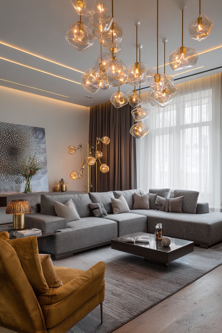 Brass chandelier with table lamps and recessed lights