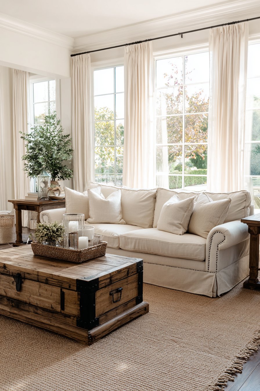 Oatmeal linen sofa with nailhead trim on jute rug