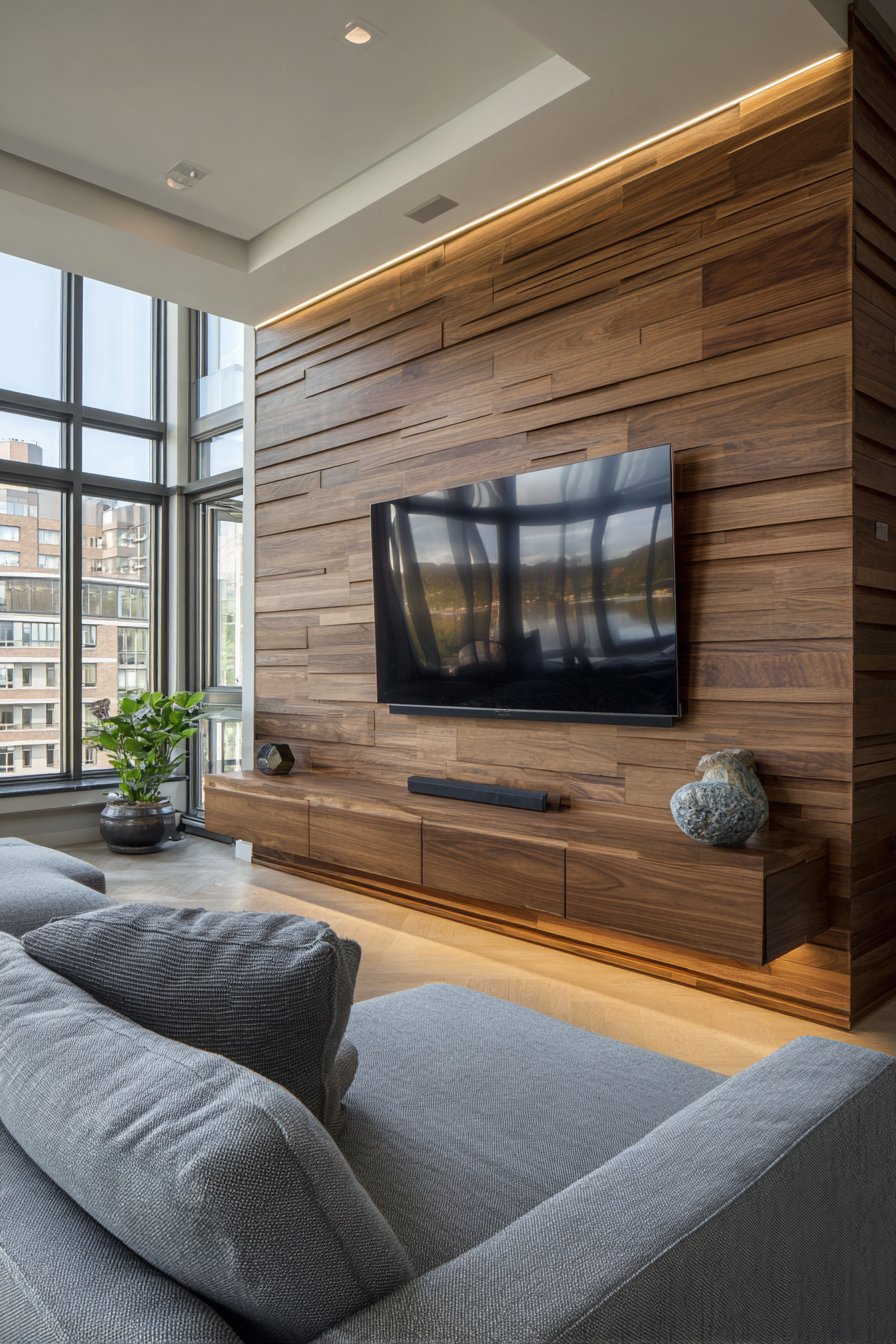 Natural walnut horizontal slat wall with mounted TV
