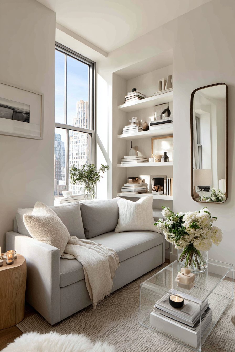 Compact grey loveseat in 120-square-foot minimal living room