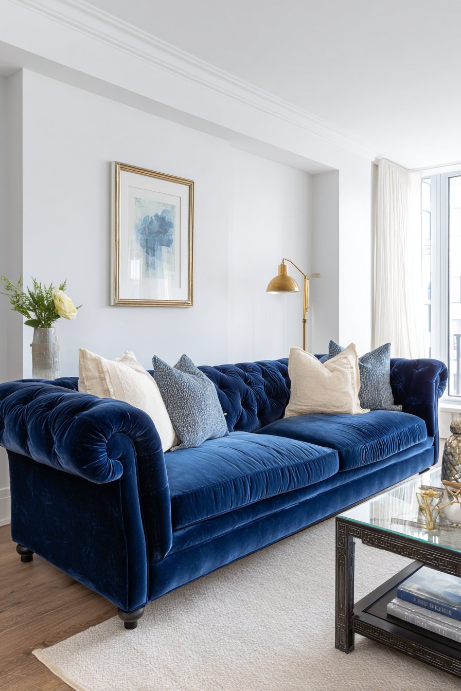 Navy blue velvet sofa with deep button tufting in transitional living room
