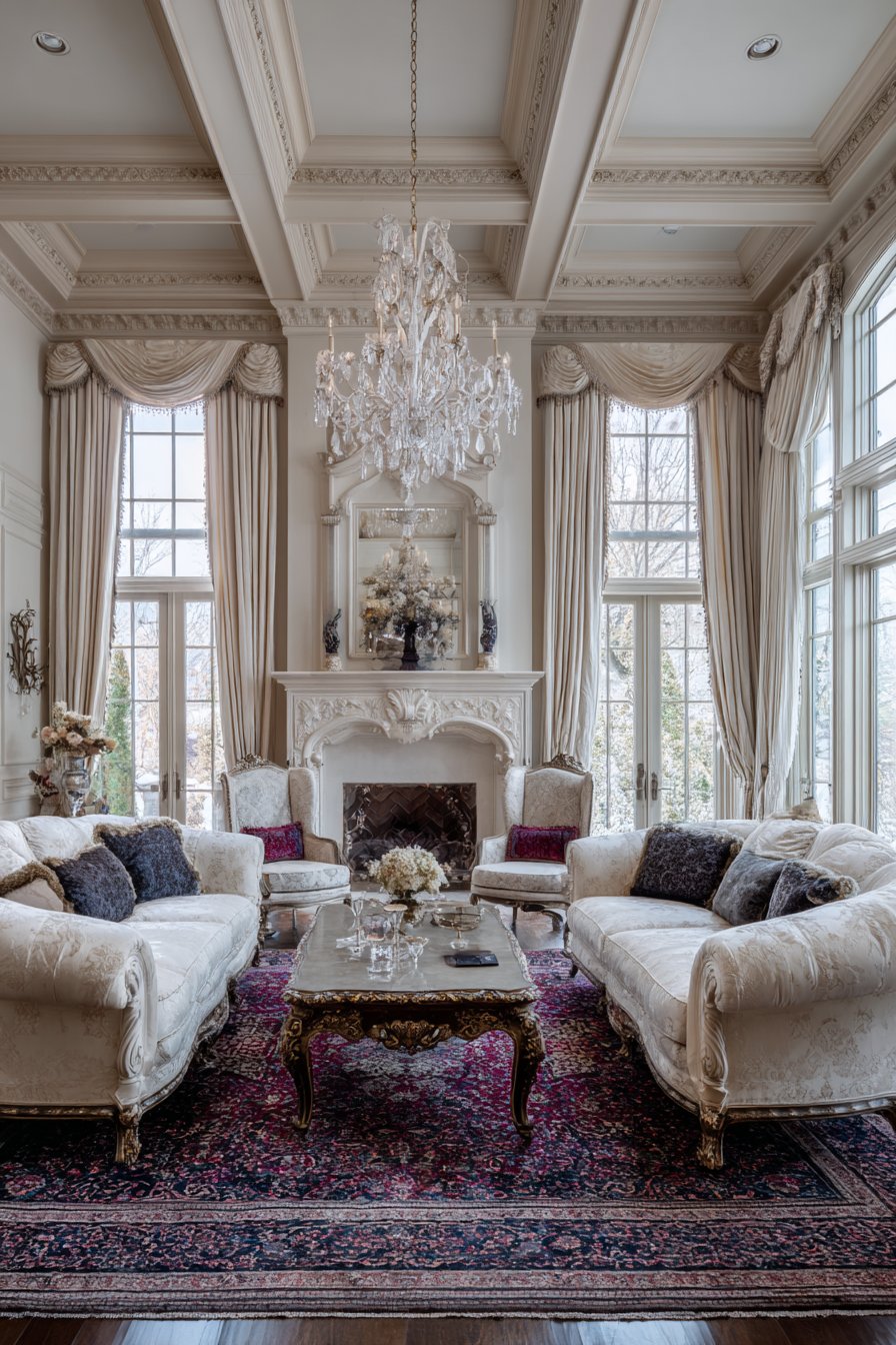 Matching cream silk sofas in symmetrical formal arrangement