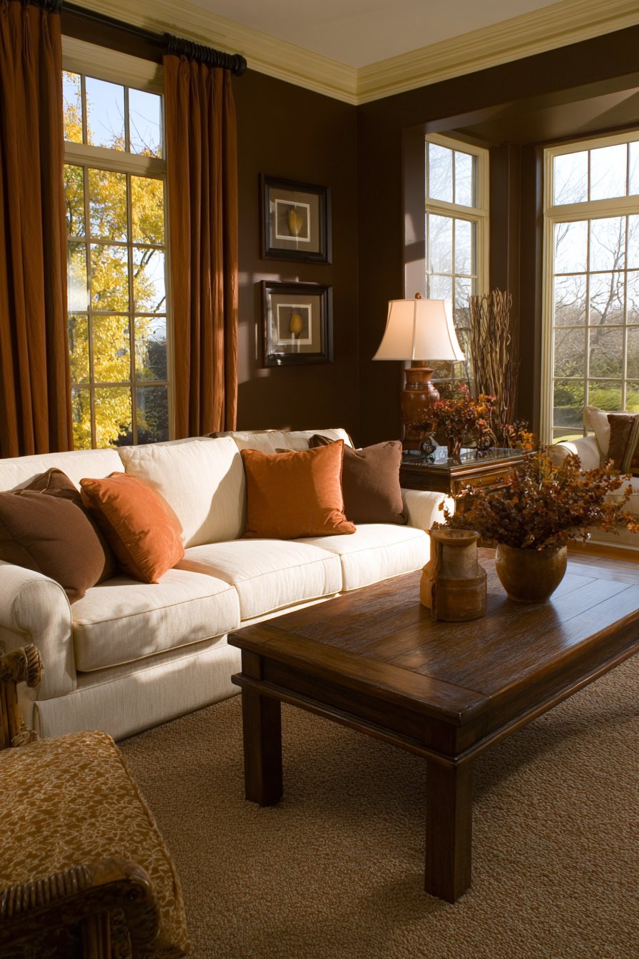 Warm chocolate brown walls with cream linen sofa