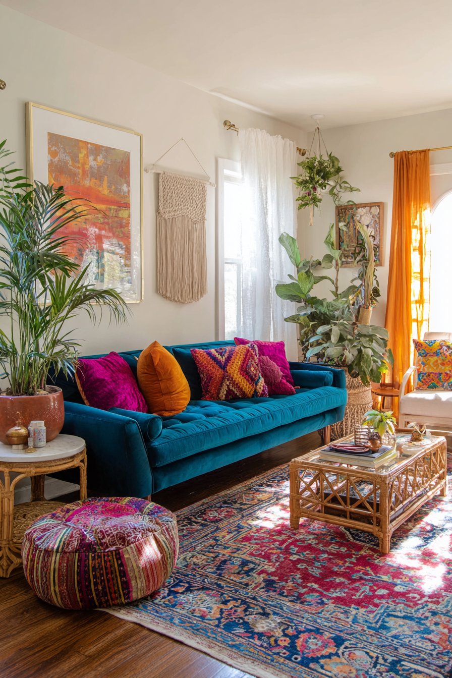 Teal velvet sofa with magenta, orange, yellow pillows