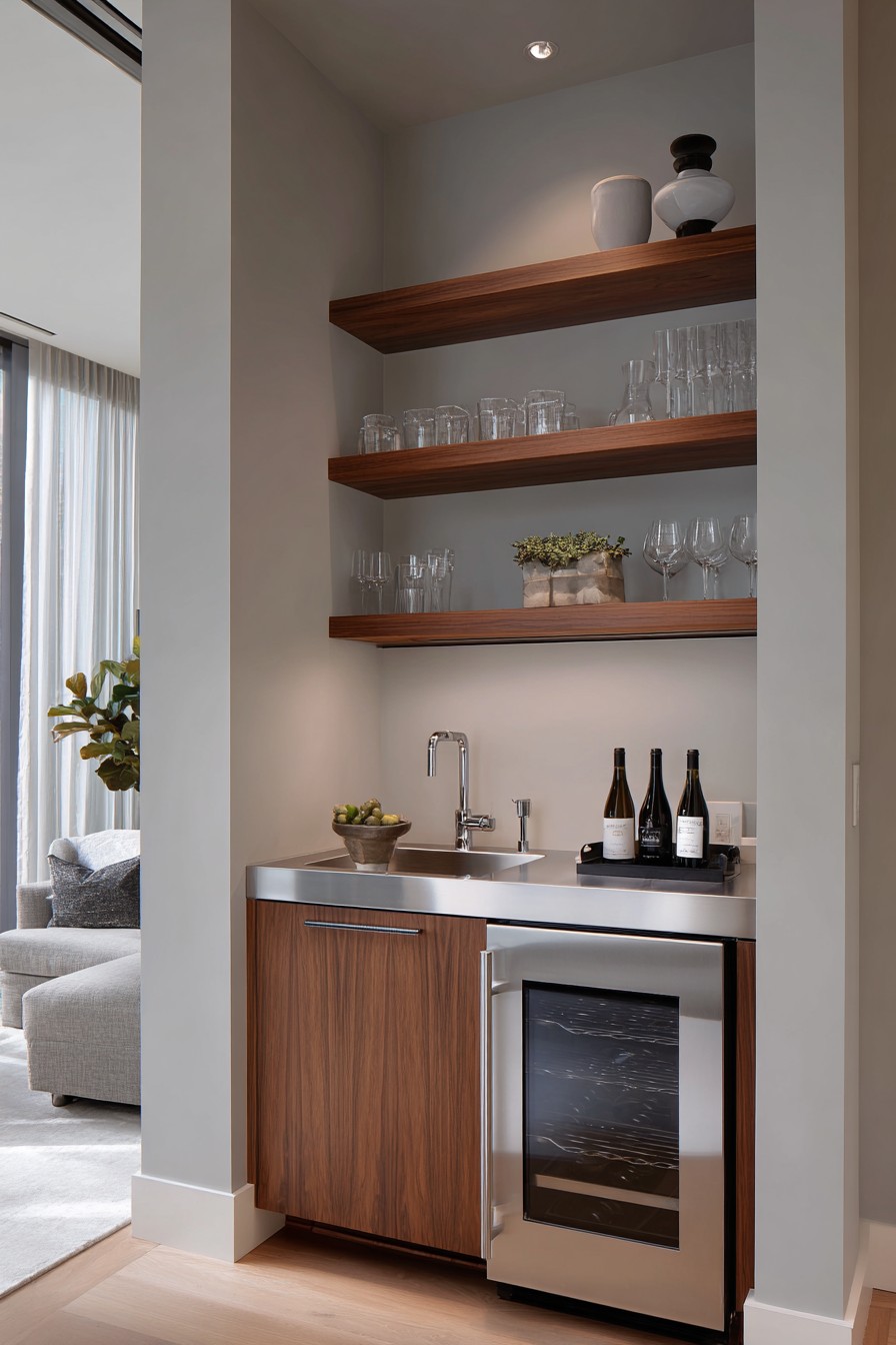 Stainless steel undermount sink in walnut wet bar