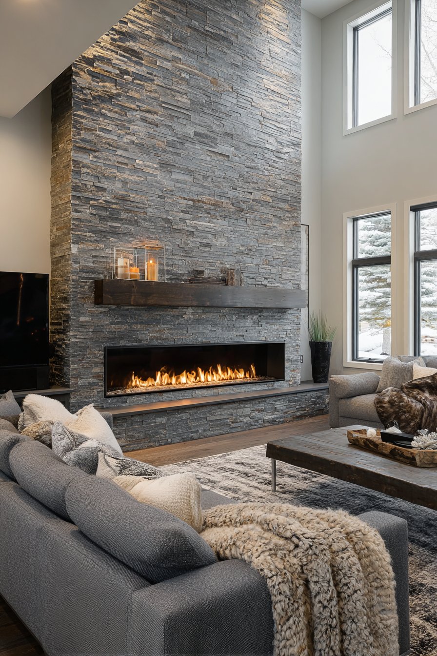 Stacked grey ledgerstone fireplace with reclaimed wood mantel
