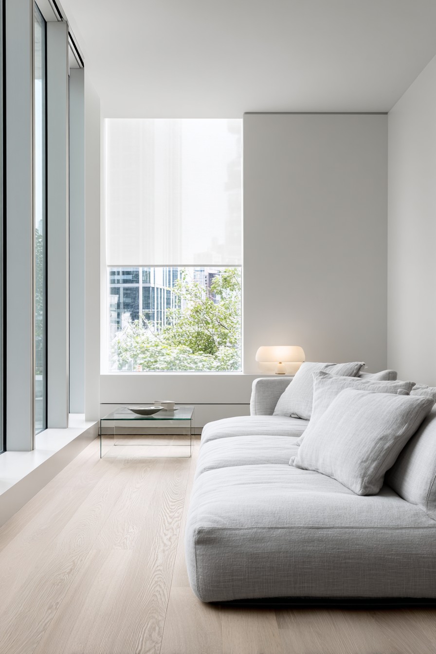 Single grey linen sofa against white wall with negative space