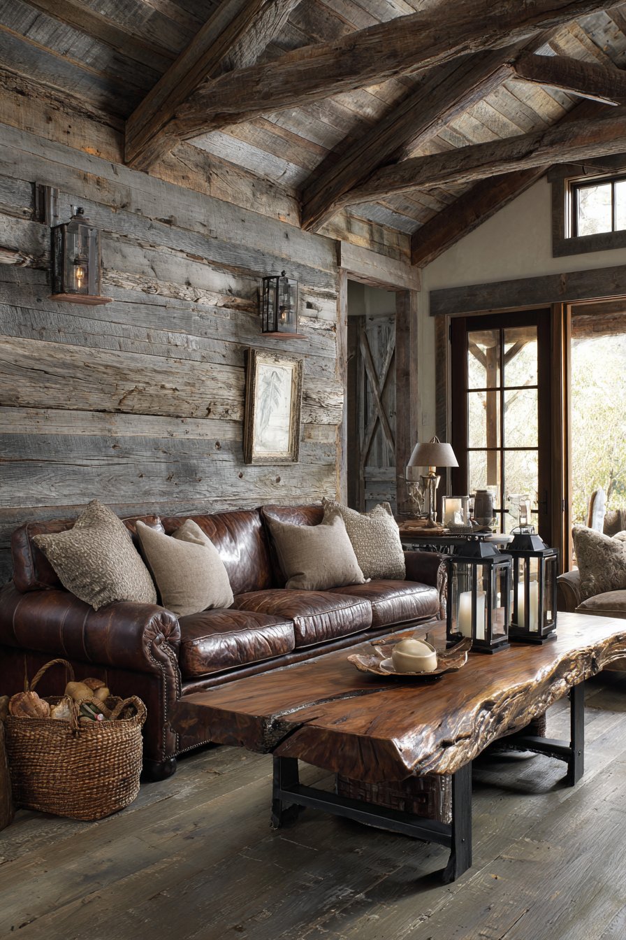 Weathered grey barn wood wall with brown leather sofa