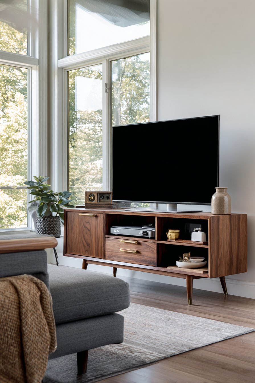 Walnut media console with tapered legs and brass hardware