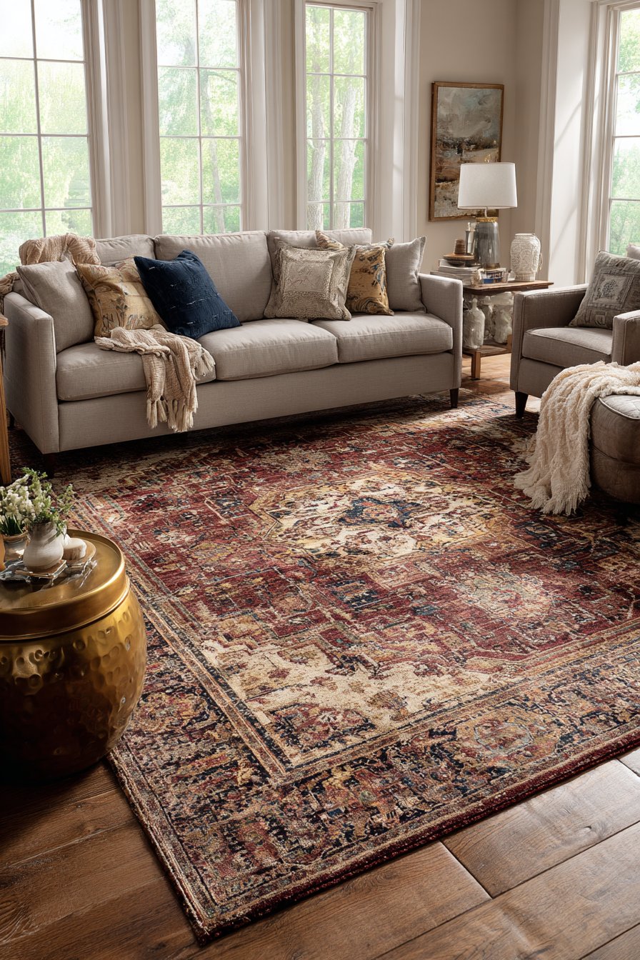 Ornate Persian rug with floral medallion in burgundy and navy