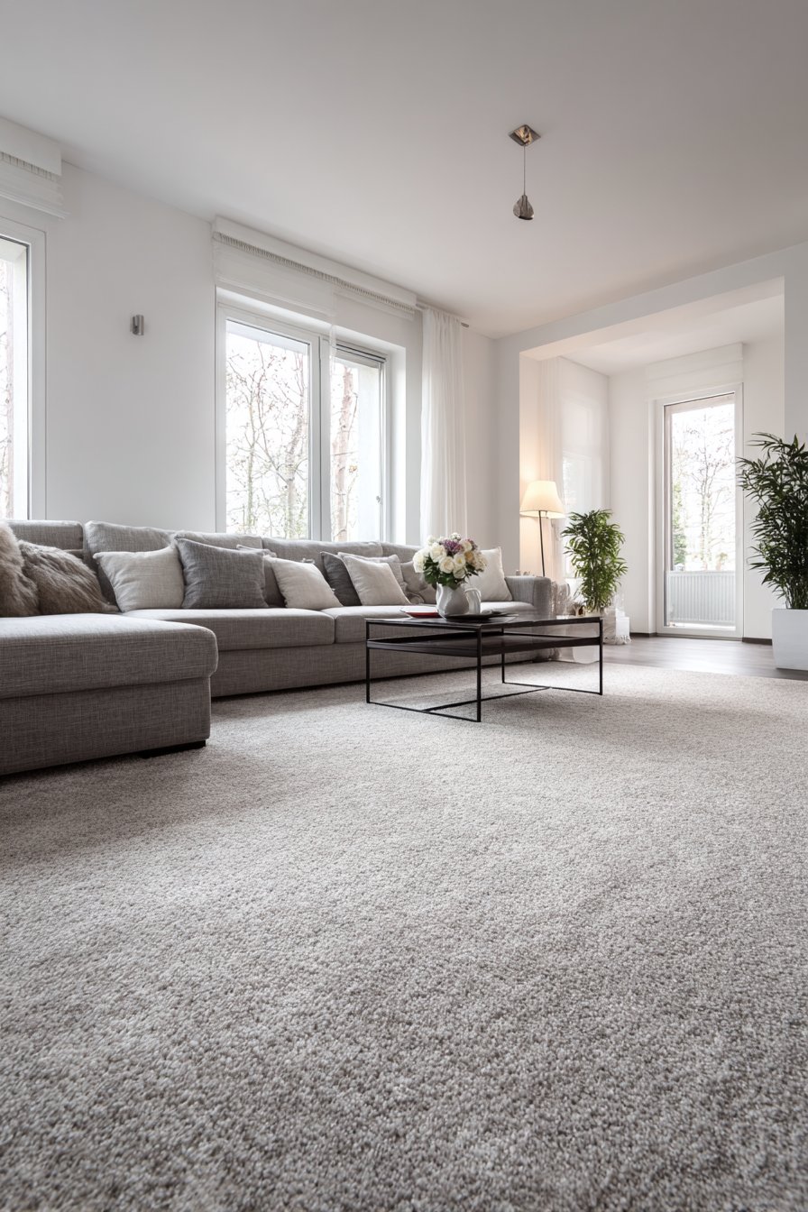 Medium-pile grey carpet throughout contemporary living room