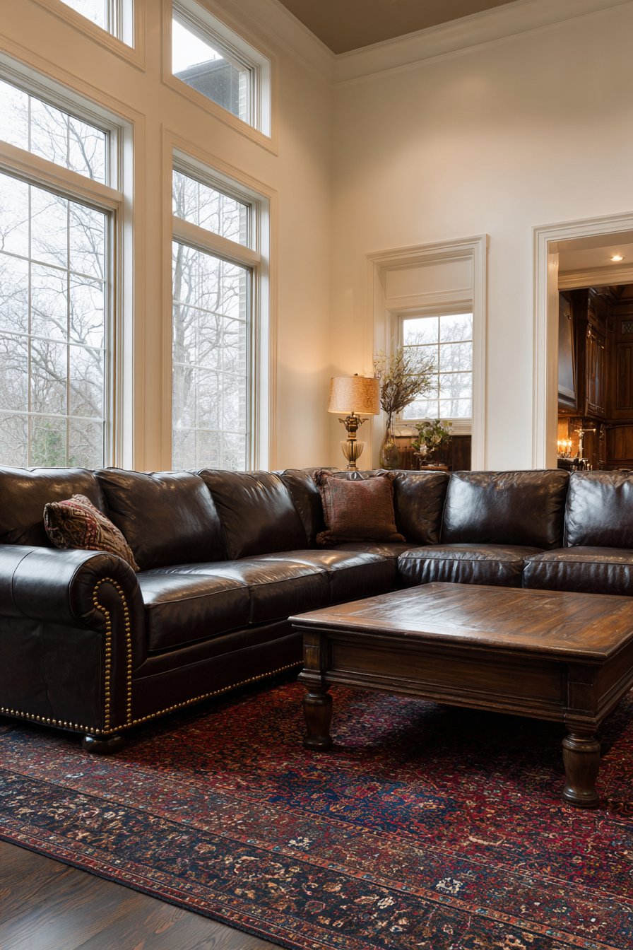 Dark brown leather sectional with brass nailheads