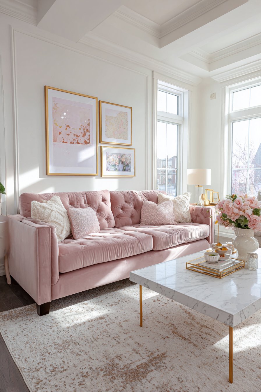 Soft blush pink velvet sofa with gold accents