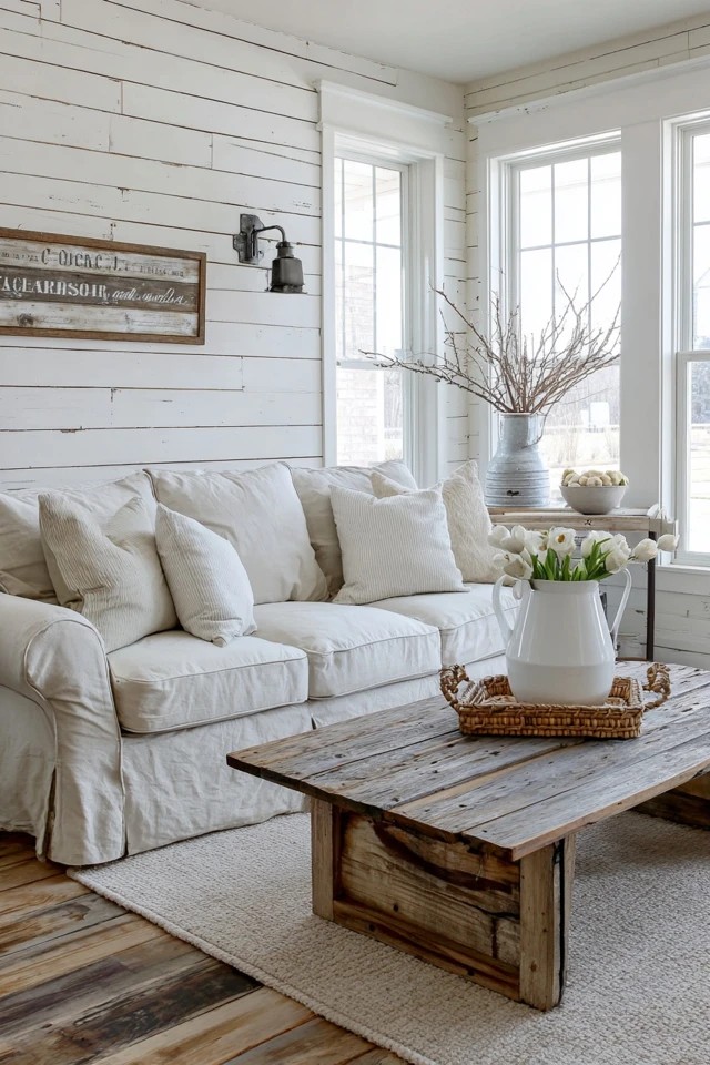 White shiplap wall with linen slipcovered sofa