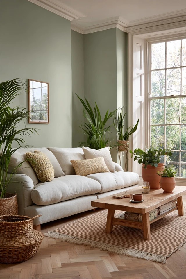 Muted sage green walls with cream linen sofa