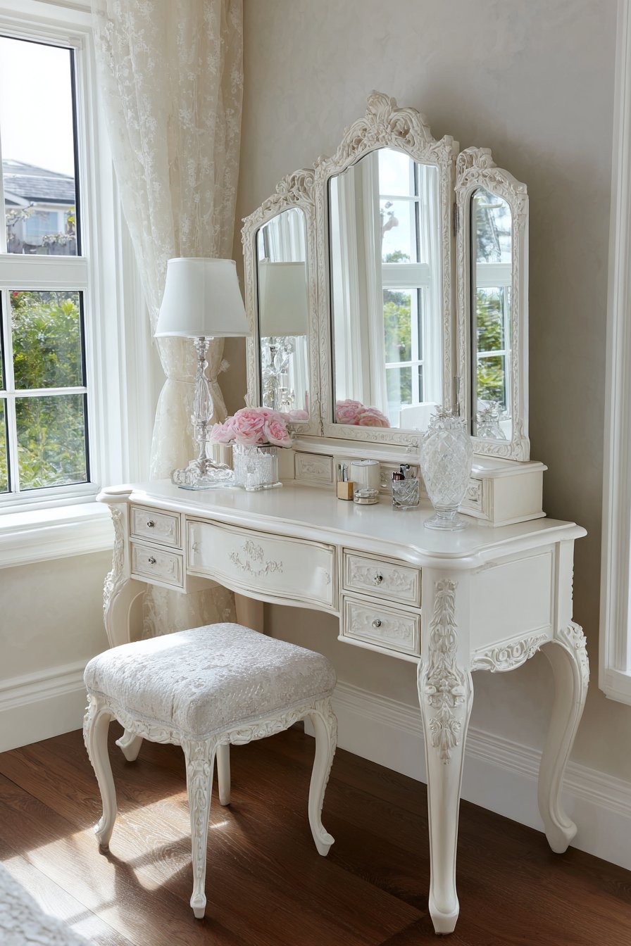 White vanity table with ornate carved details and mirror