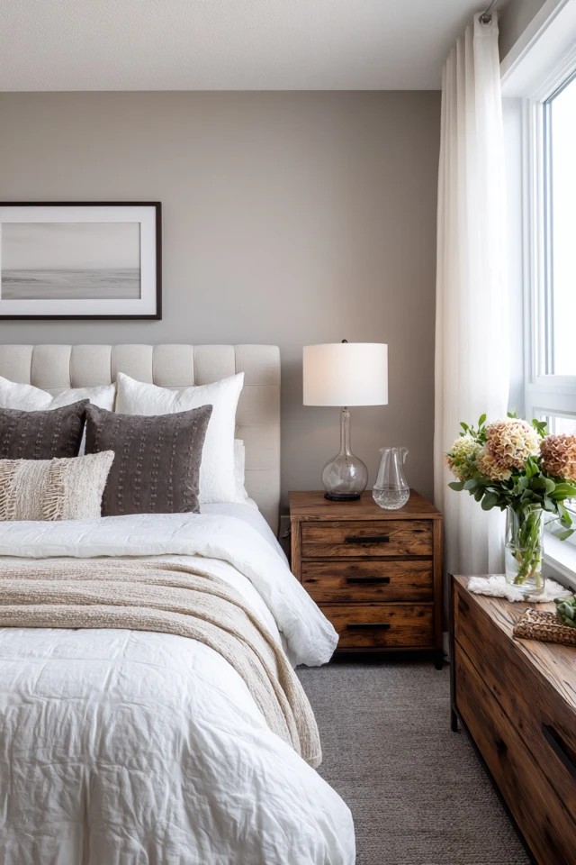 Soft grey walls with white bedding and natural wood furniture