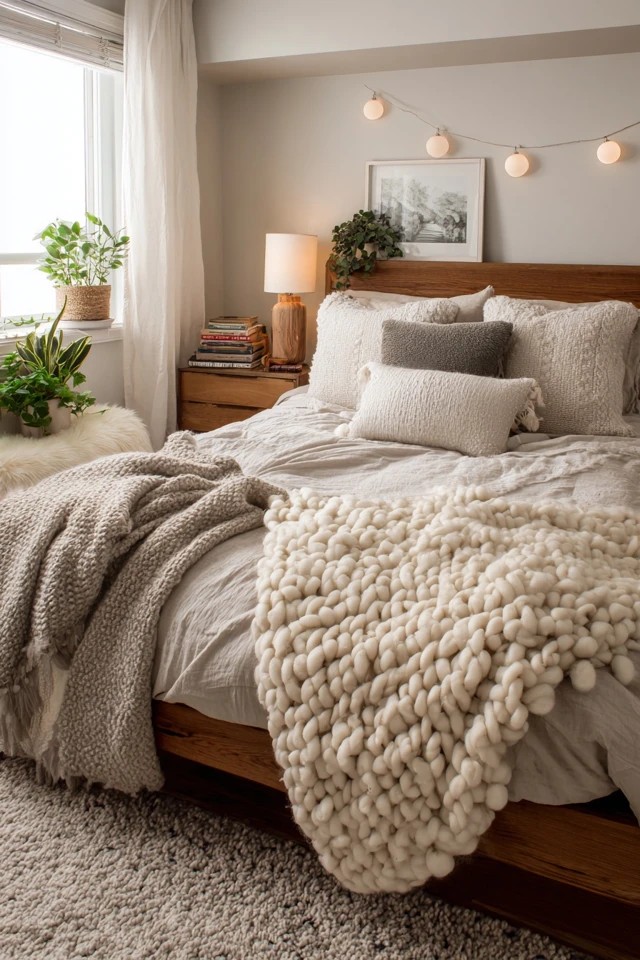 Chunky knit throw with linen duvet and velvet pillows