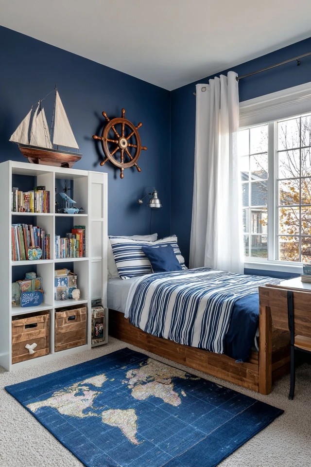 Navy blue walls with white trim and striped bedding