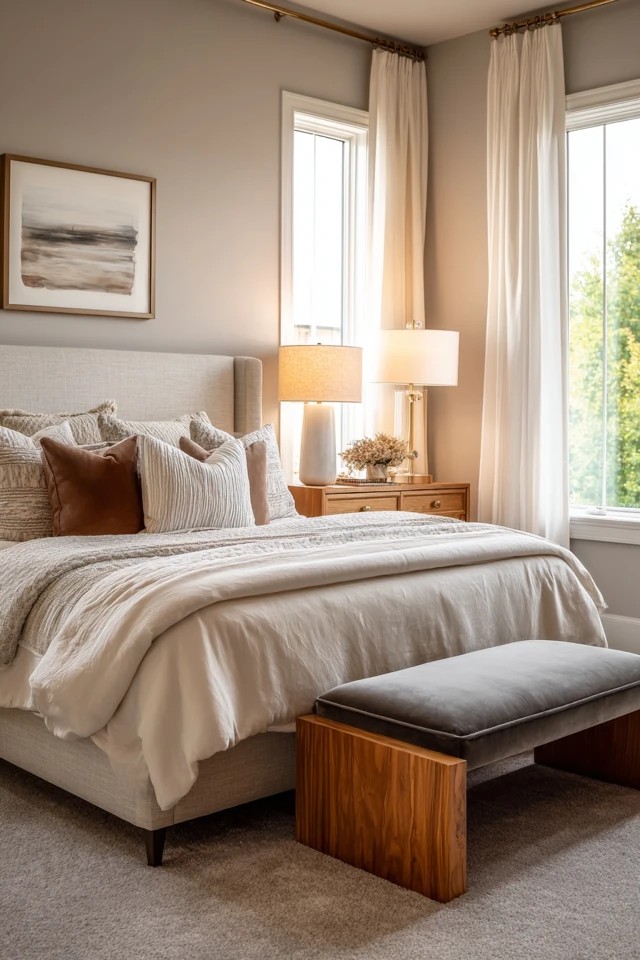 Taupe walls with cream bedding and rich wood furniture