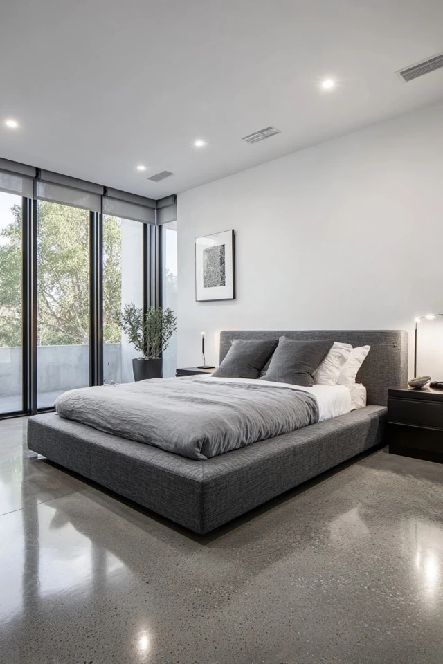 Charcoal grey upholstered platform bed with integrated nightstands