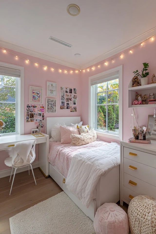 Soft pink walls with white furniture and string lights