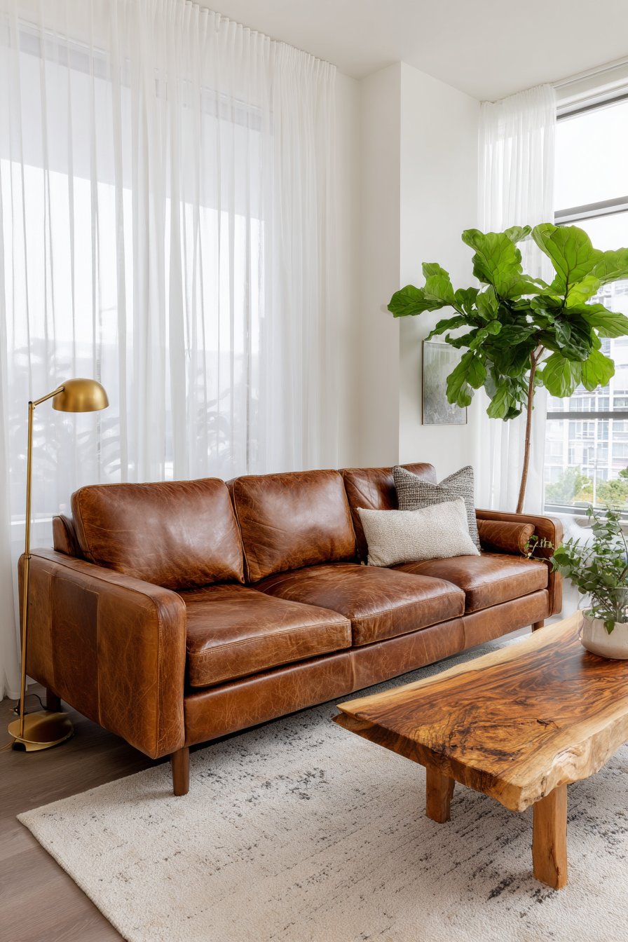 Rich cognac leather sofa with live-edge coffee table