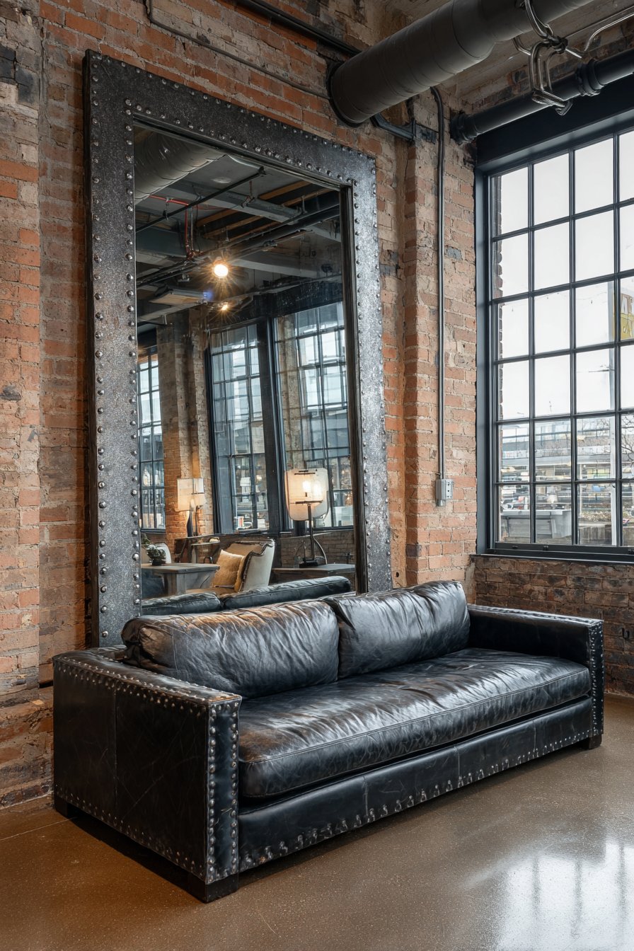 Matte black riveted metal mirror in loft