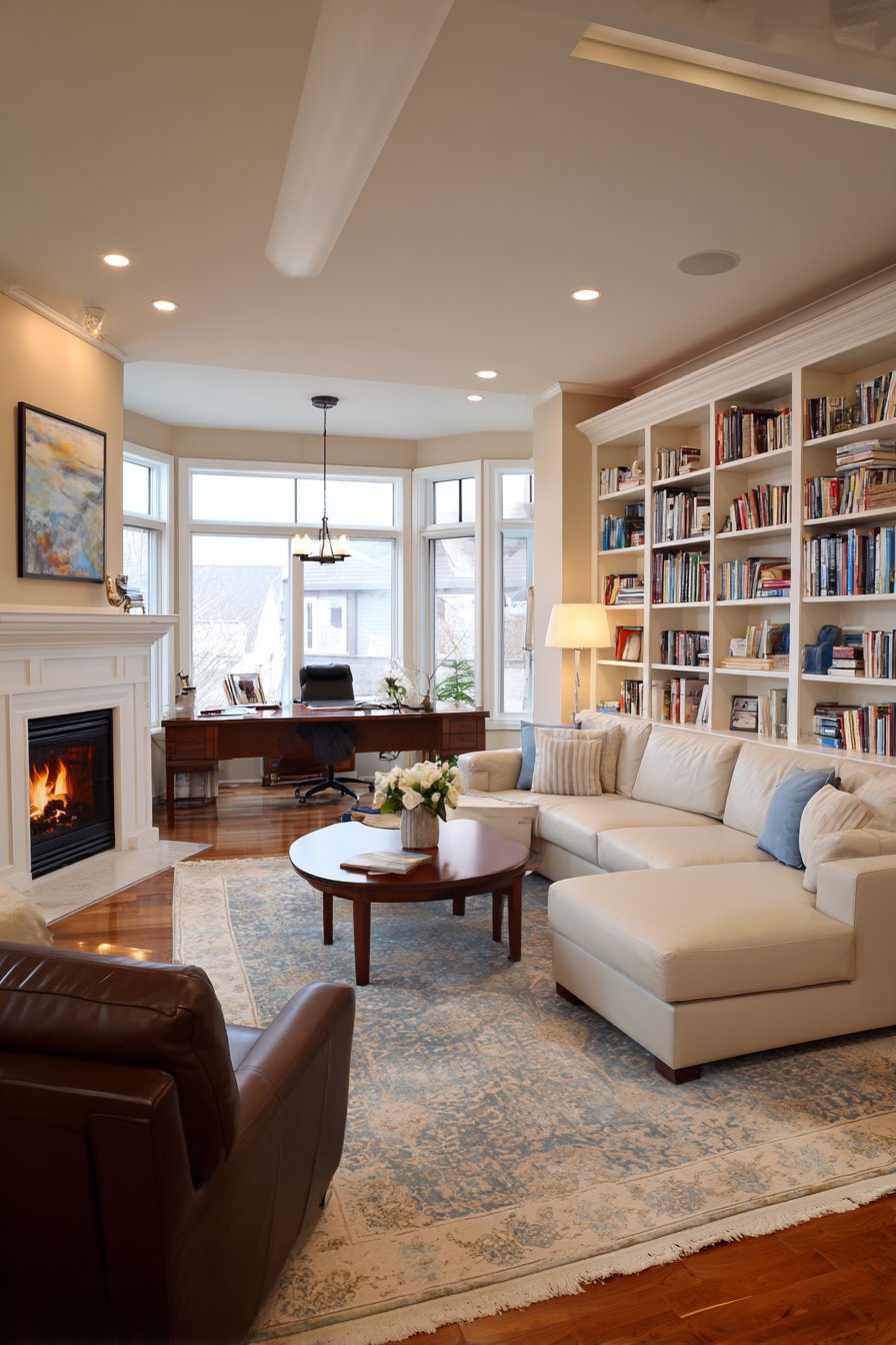350-square-foot living room with office workspace