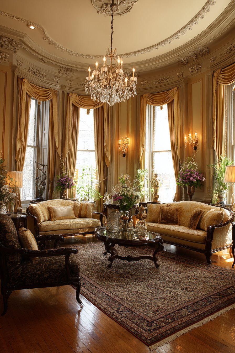 14-foot ceiling Victorian parlor with antiques