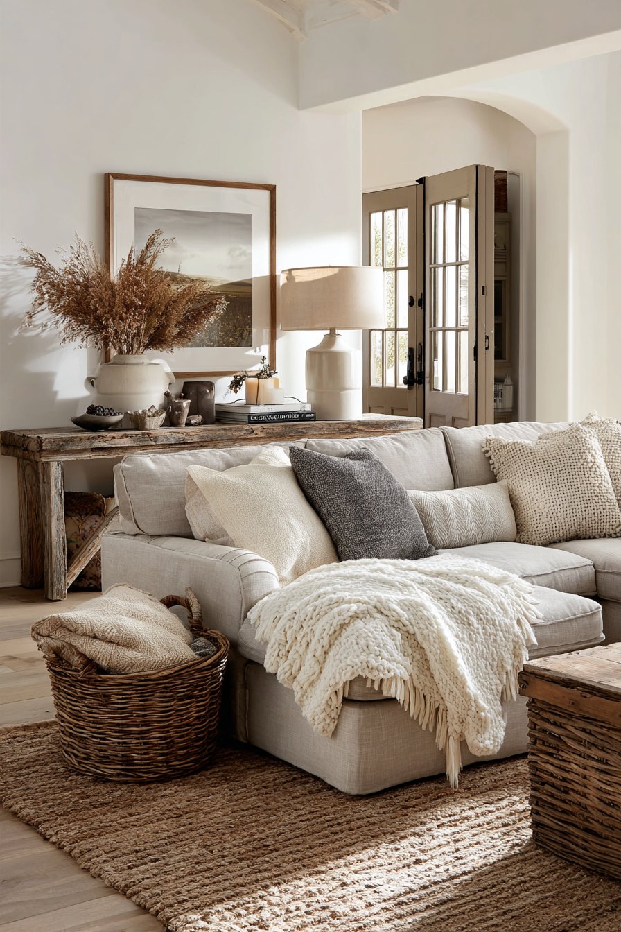Beige linen sectional with cable knit pillows and layered rugs