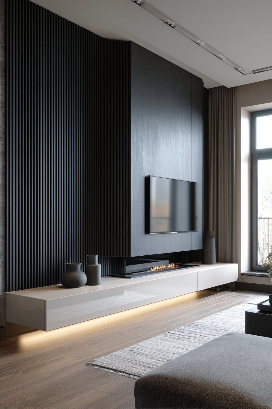 Matte black grooved wall with invisible TV integration