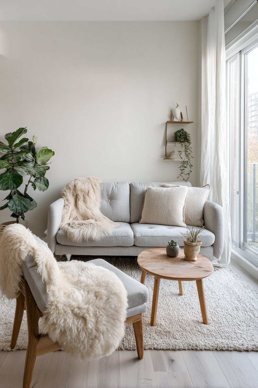 Pale wood and white Nordic-inspired living room
