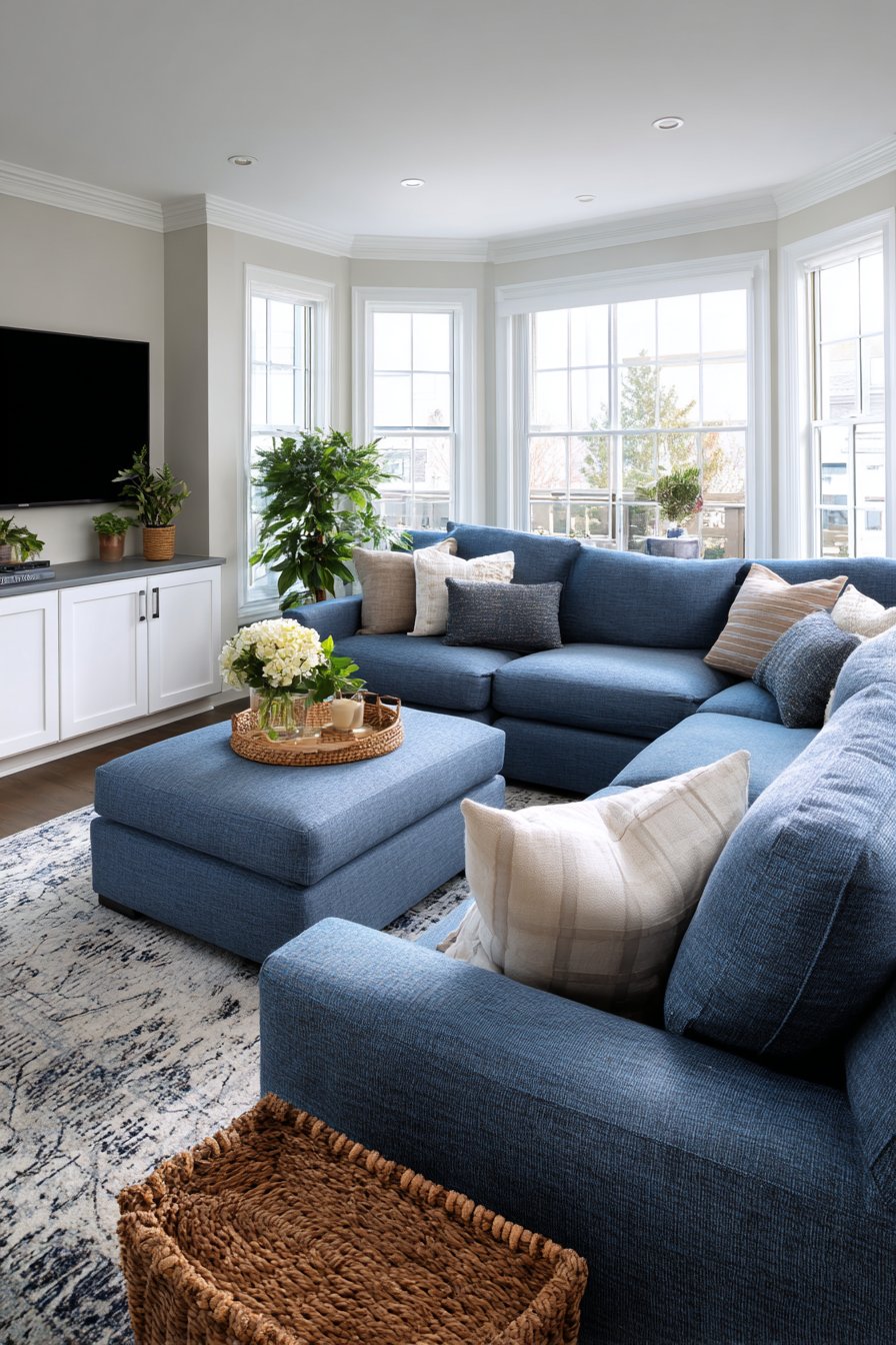 Denim blue performance fabric sectional in family living room