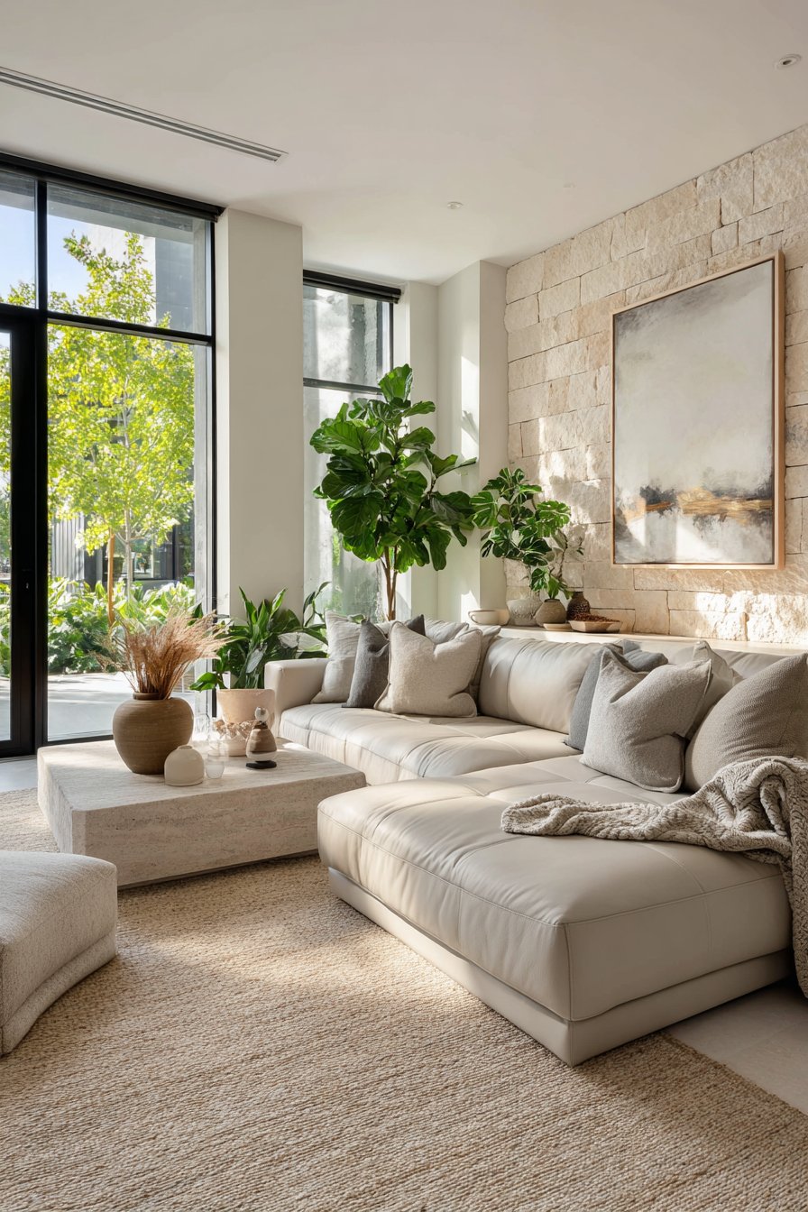 Greige walls with taupe leather and travertine