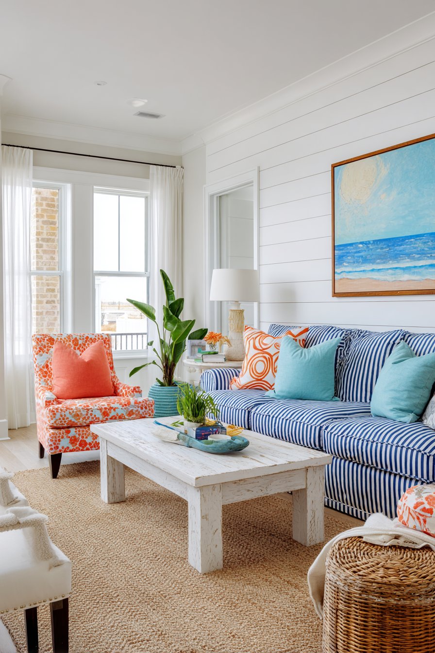 Navy striped sofa with coral chairs and aqua pillows
