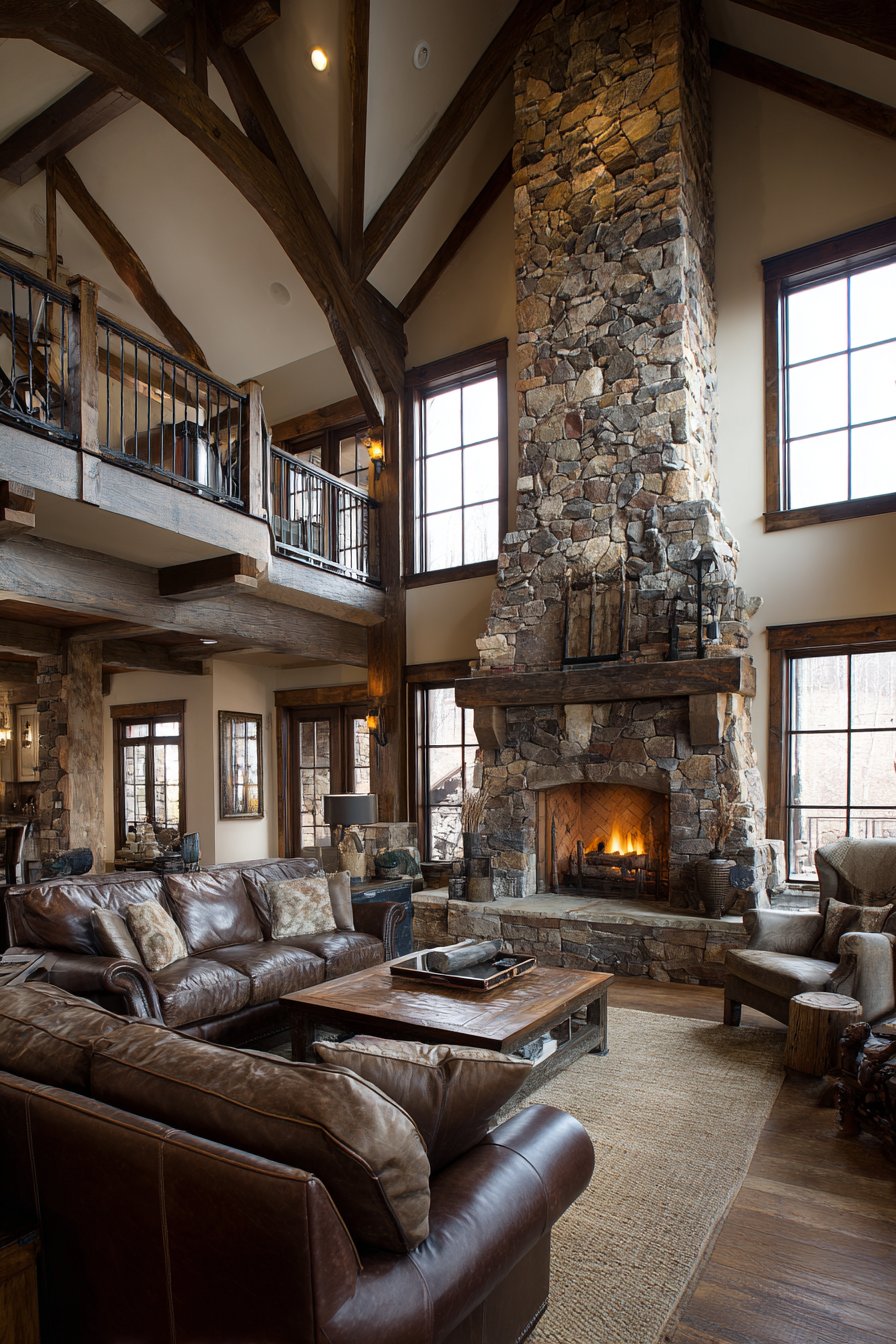 Double-height river rock fireplace with massive beam