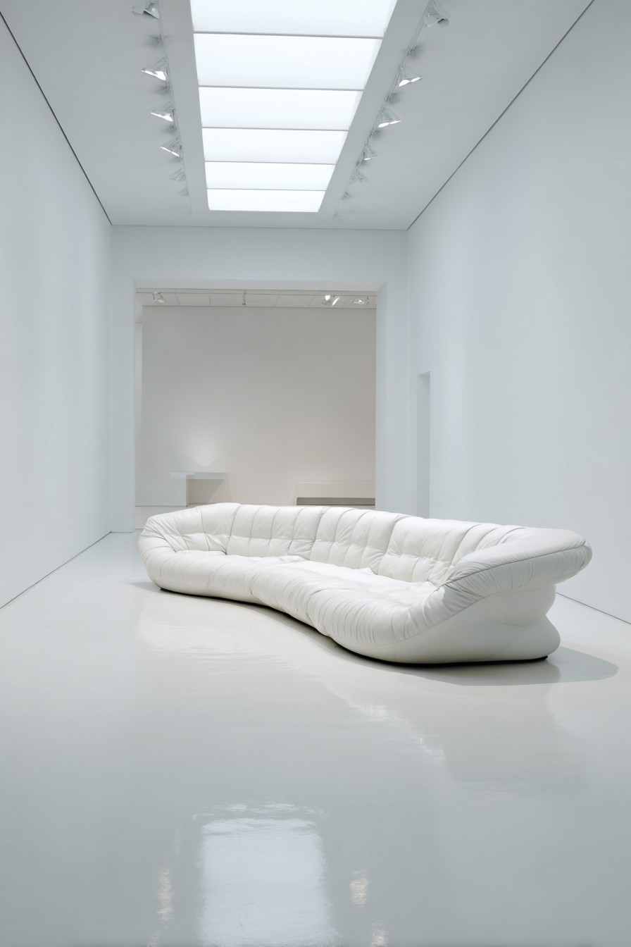 Iconic white leather sofa in completely empty white room