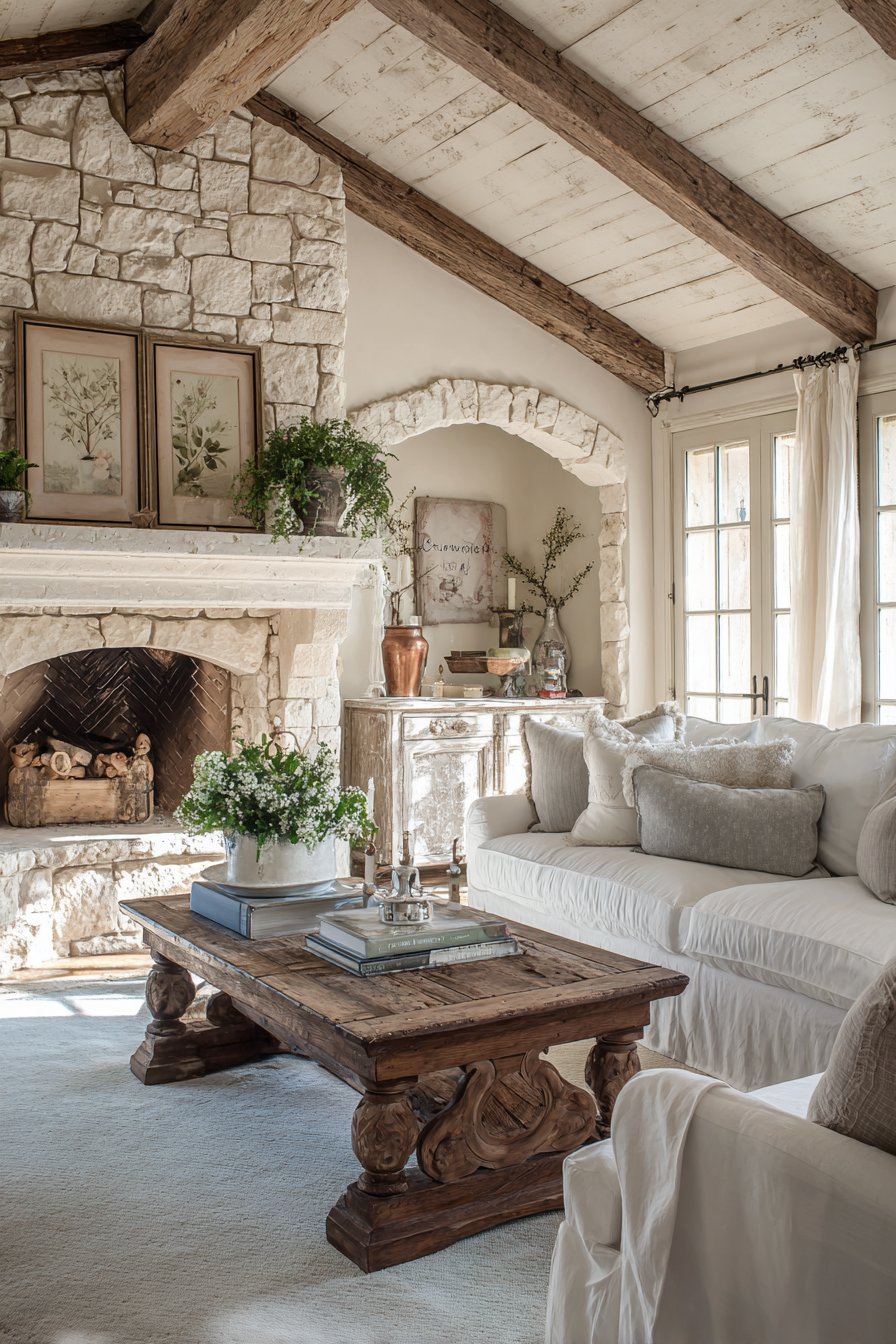 Limestone fireplace with distressed painted furniture