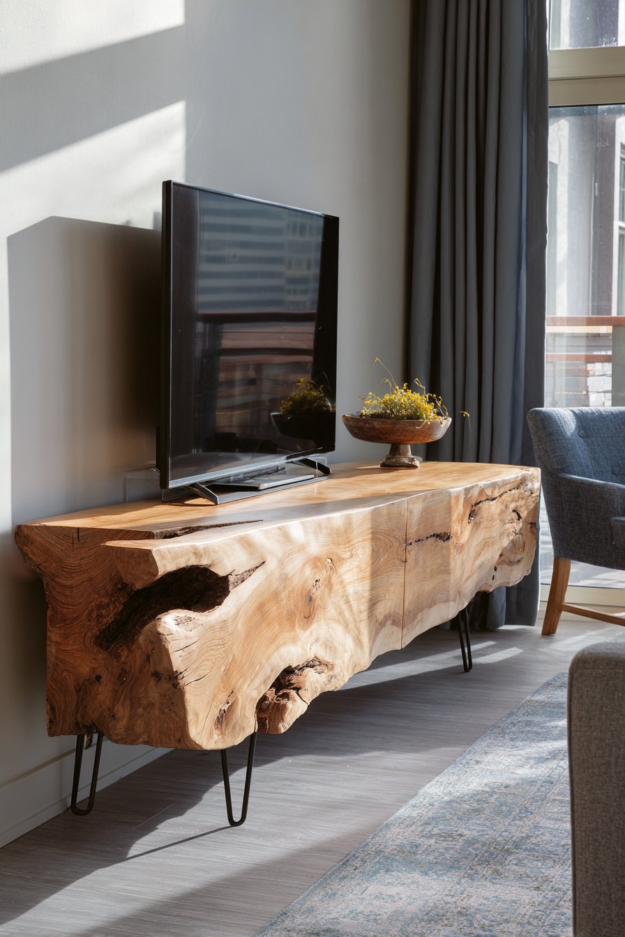 Natural wood slab with bark edge on hairpin legs