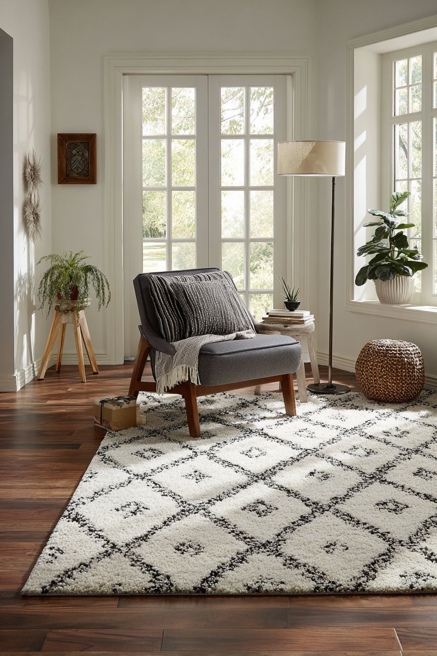 5x7 geometric diamond pattern in black and ivory