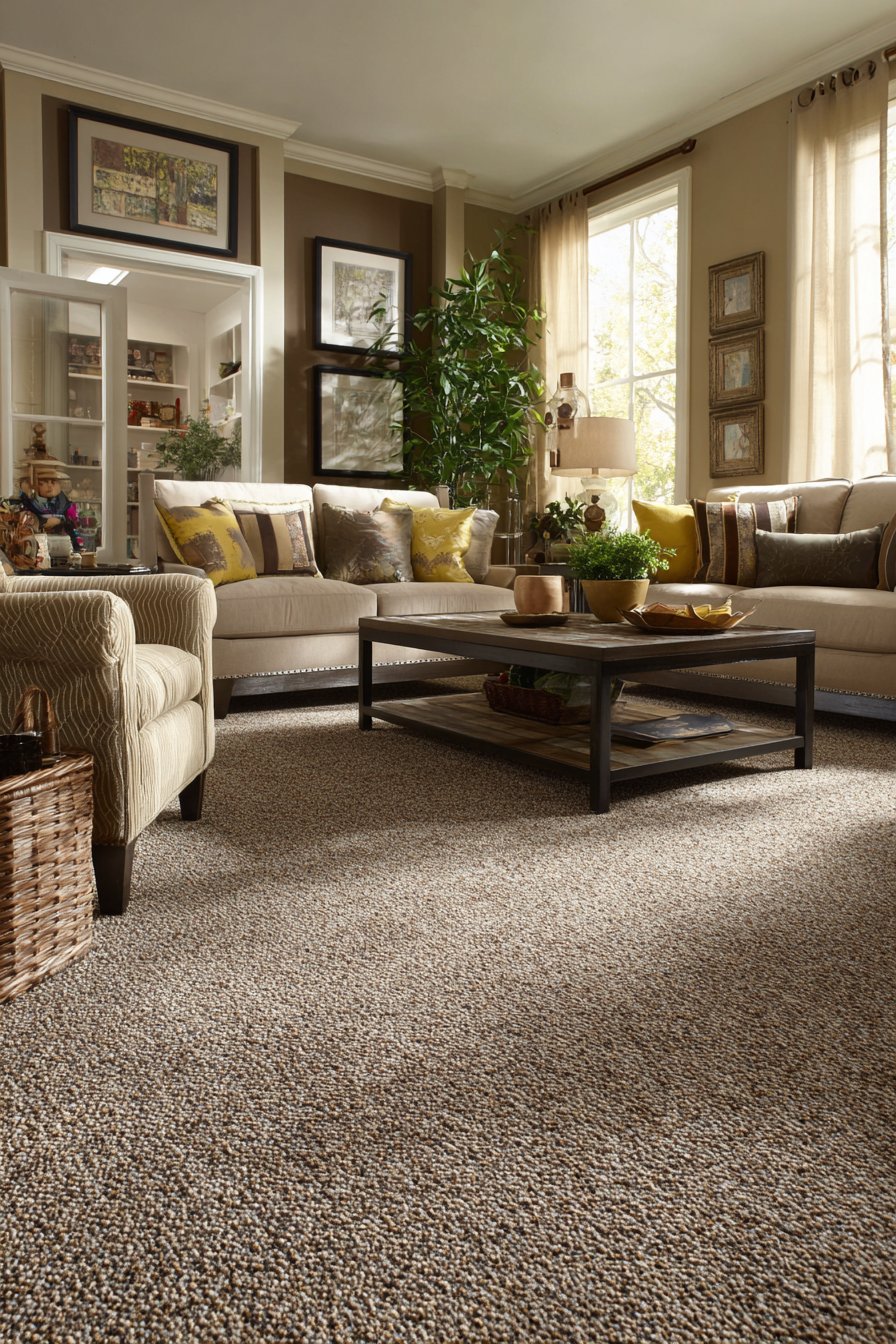 Multi-colored brown tweed carpet in family room