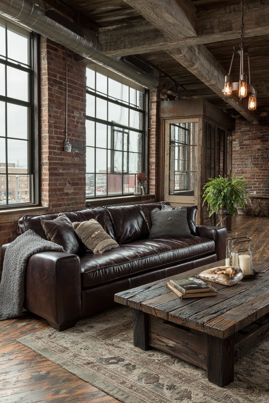 Weathered dark brown leather with exposed brick