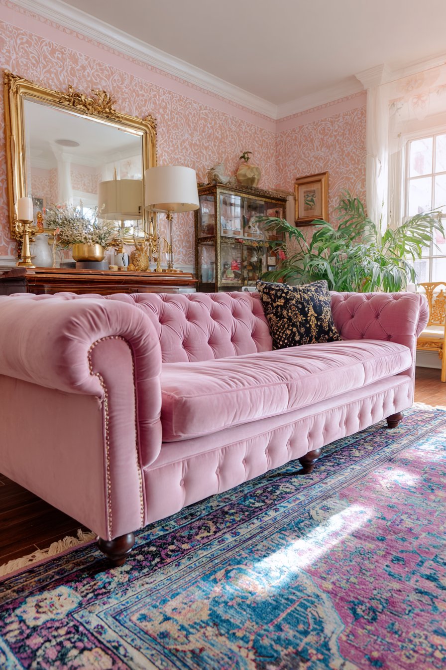 Pink velvet tufted Chesterfield with vintage accessories