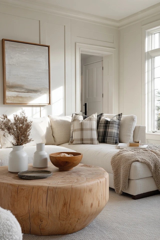 Large farmhouse dining table used as coffee table