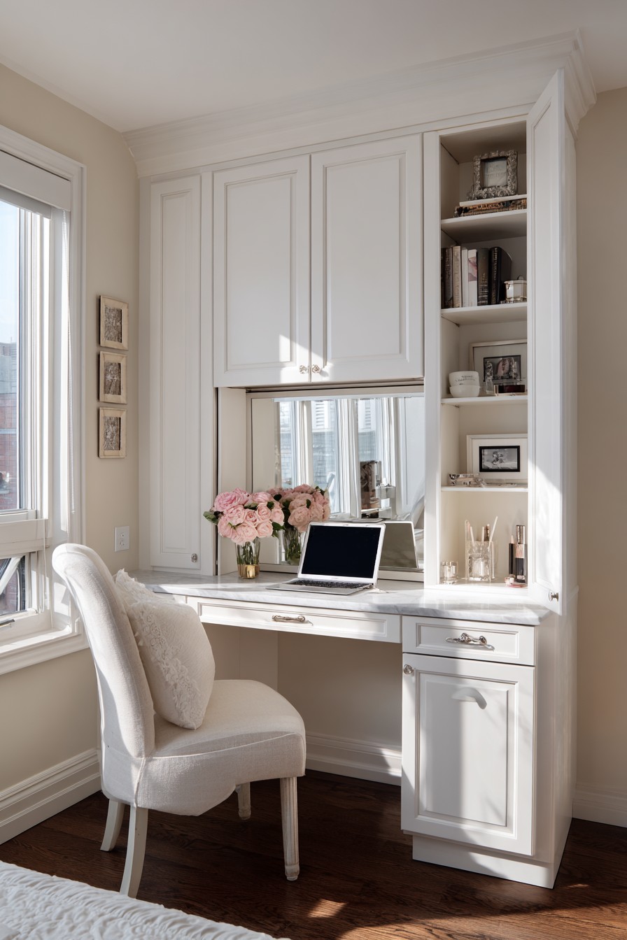 Wall cabinet with fold-down mirror and vanity shelf