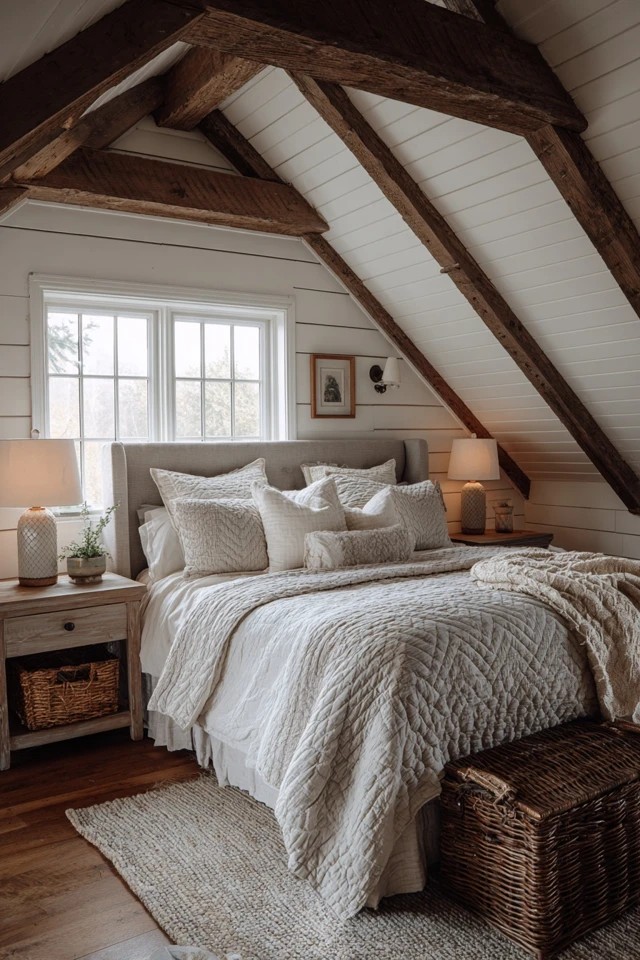 White shiplap wall with exposed wooden ceiling beams