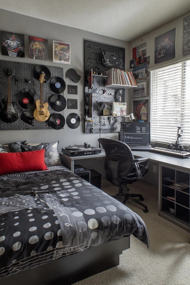 Guitar mounts with vinyl displays and sound panels